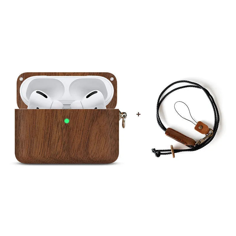 Hardwood Bluetooth earphone sleeve in a choice of wood types next to wireless earphones.