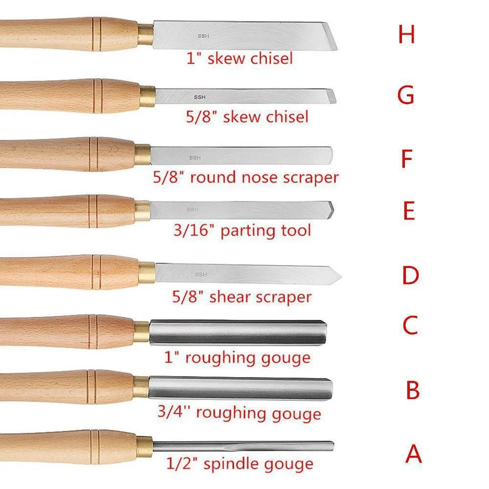 High-end 8-piece chrome vanadium wood turning tool set displayed in a wooden presentation box.