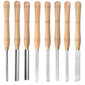 High-end 8-piece chrome vanadium wood turning tool set displayed in a wooden presentation box.