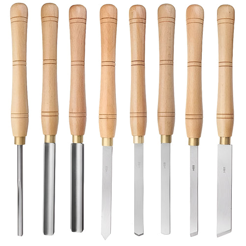 High-end 8-piece chrome vanadium wood turning tool set displayed in a wooden presentation box.