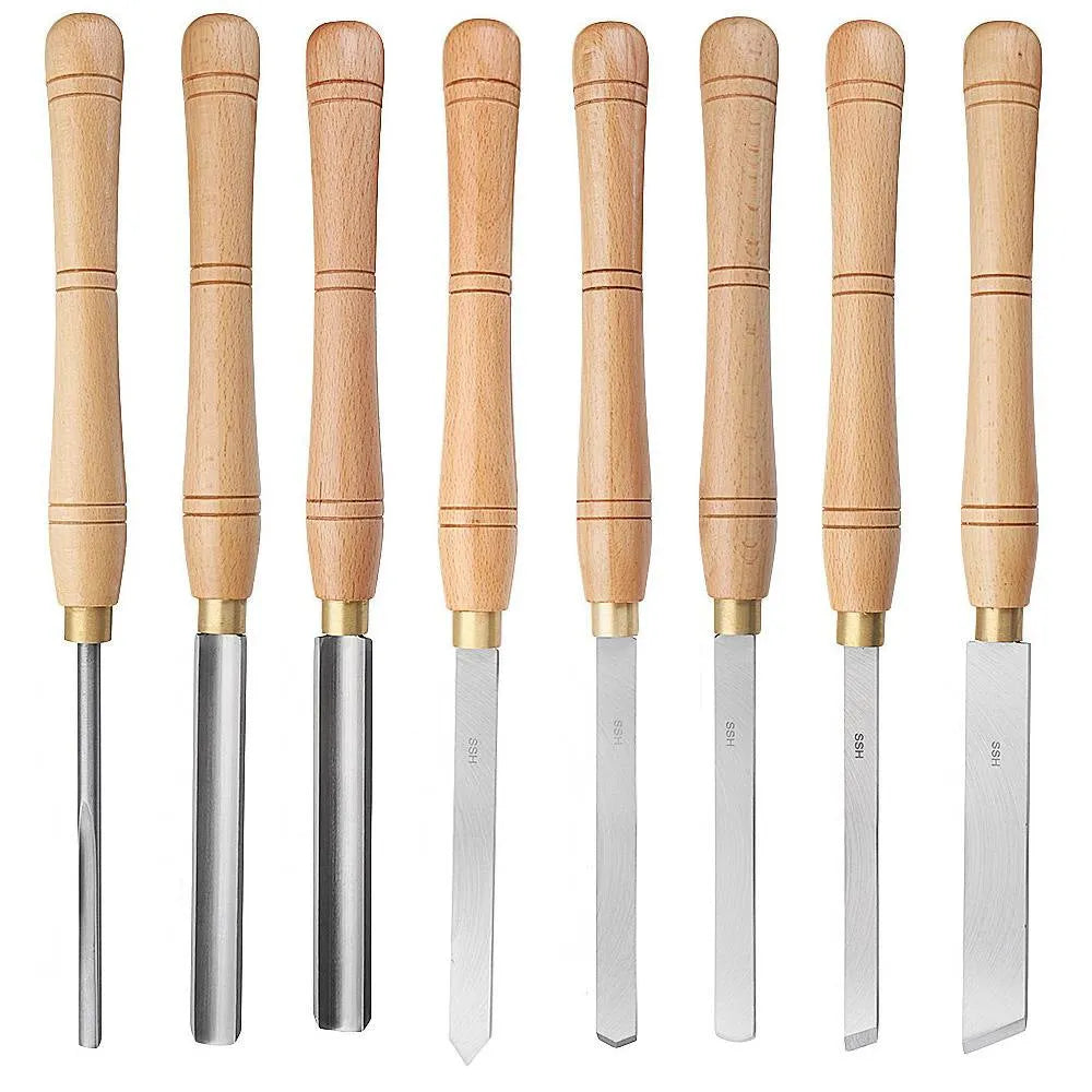 High-end 8-piece chrome vanadium wood turning tool set displayed in a wooden presentation box.