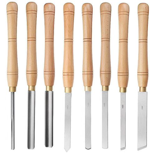 High-end 8-piece chrome vanadium wood turning tool set displayed in a wooden presentation box.