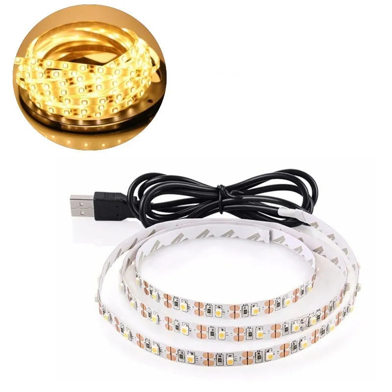 USB-powered flexible LED light strip showing multiple colour options including white, blue, and red illumination