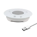 USB-powered hot and cold coaster in black or white, showing dimensions and drink placement.