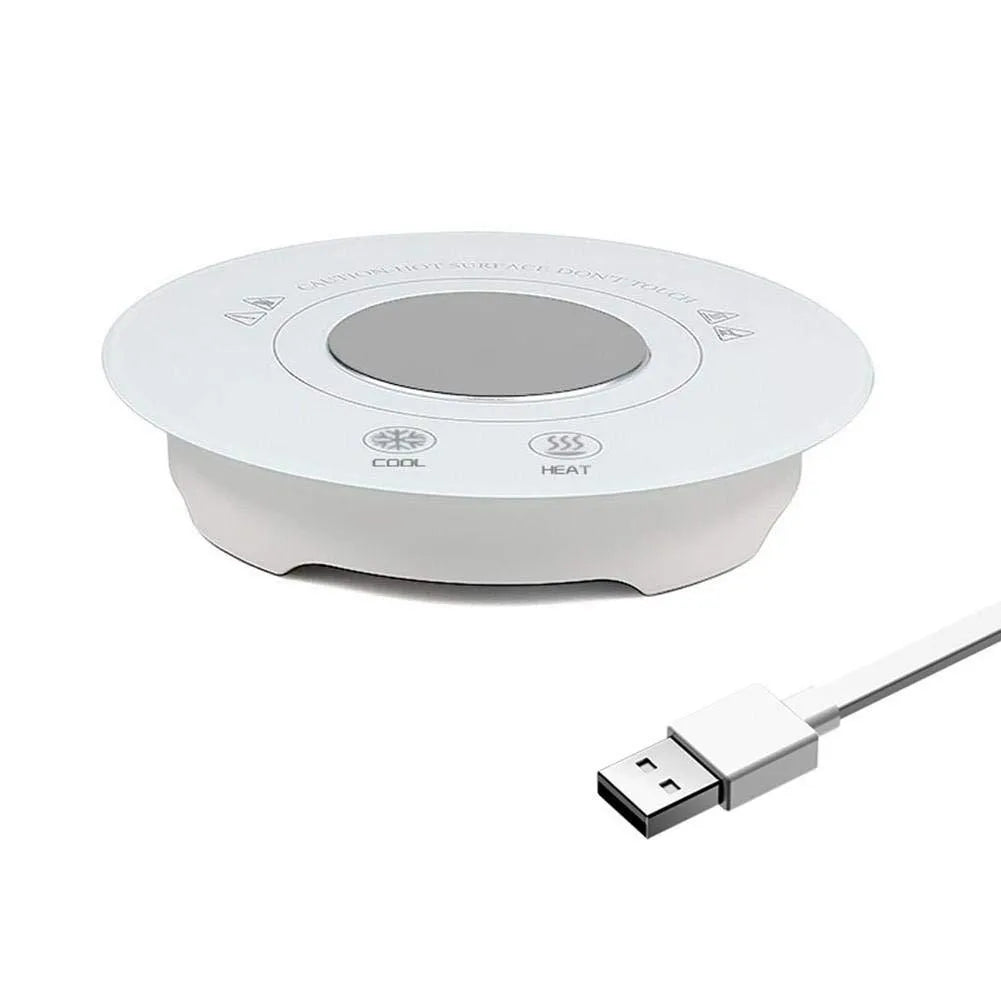 USB-powered hot and cold coaster in black or white, showing dimensions and drink placement.