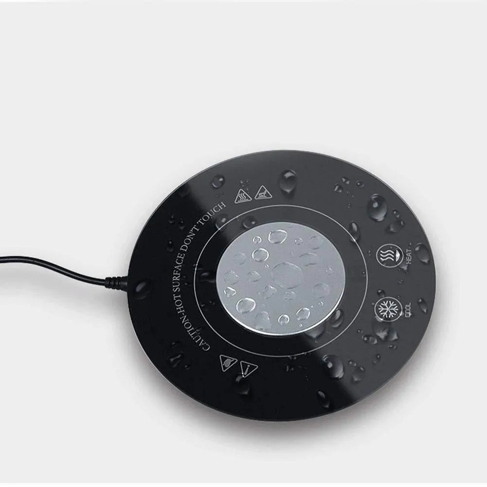 USB-powered hot and cold coaster in black or white, showing dimensions and drink placement.