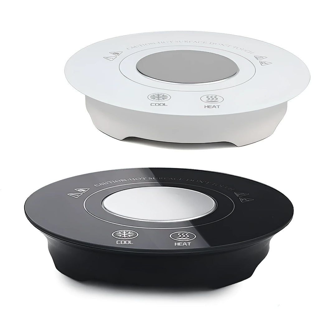 USB-powered hot and cold coaster in black or white, showing dimensions and drink placement.