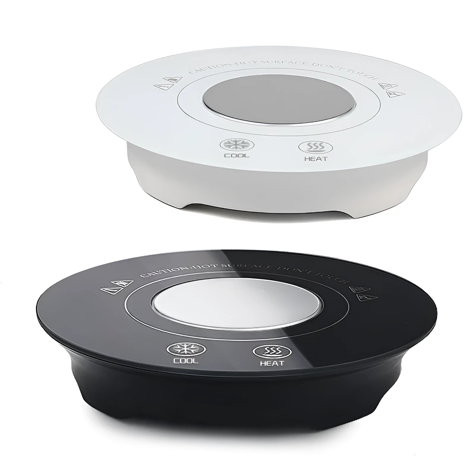 USB-powered hot and cold coaster in black or white, showing dimensions and drink placement.