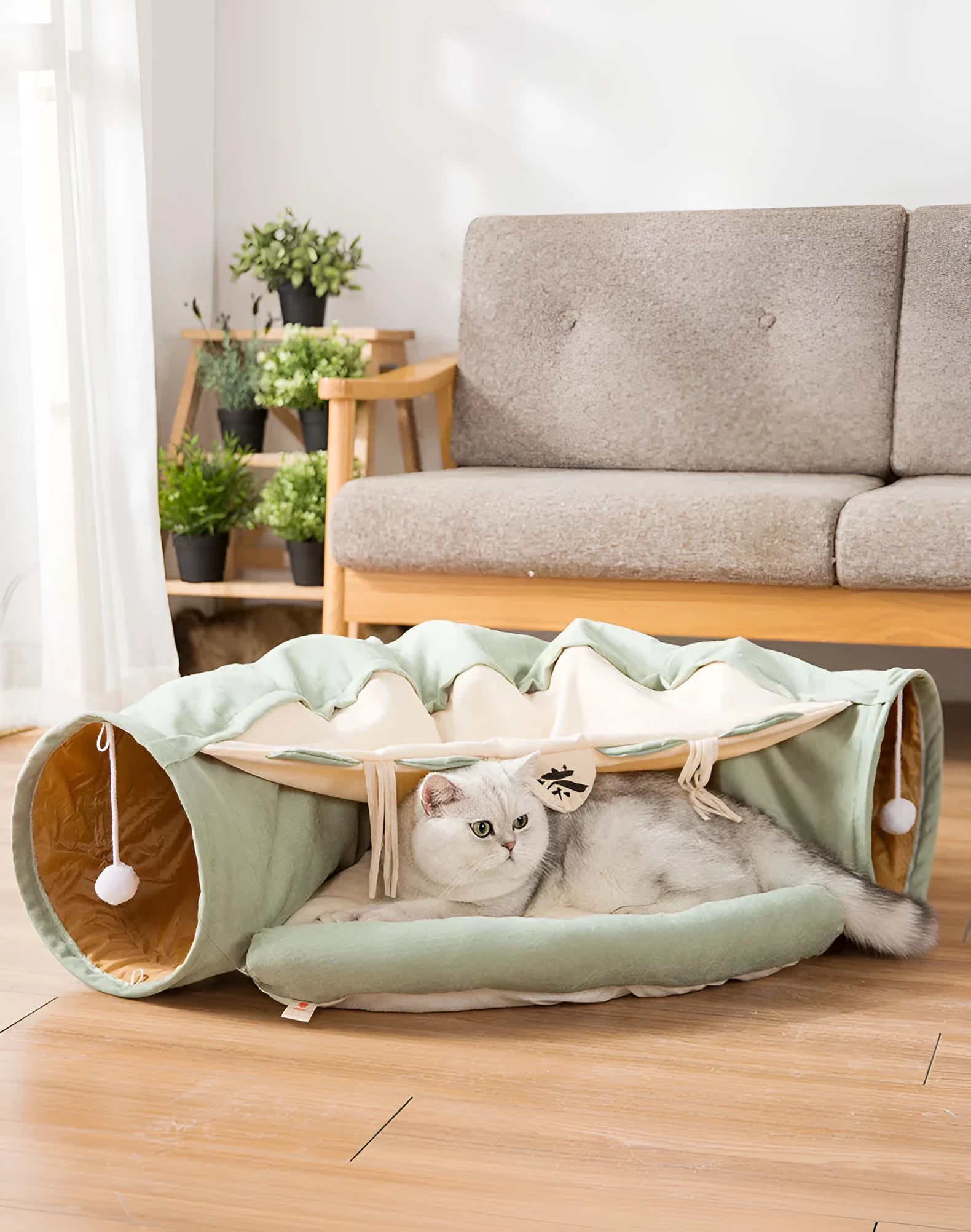 Collapsible cloth cat tunnel shown in one of four colour options: bar, coffee, matcha, or pink.