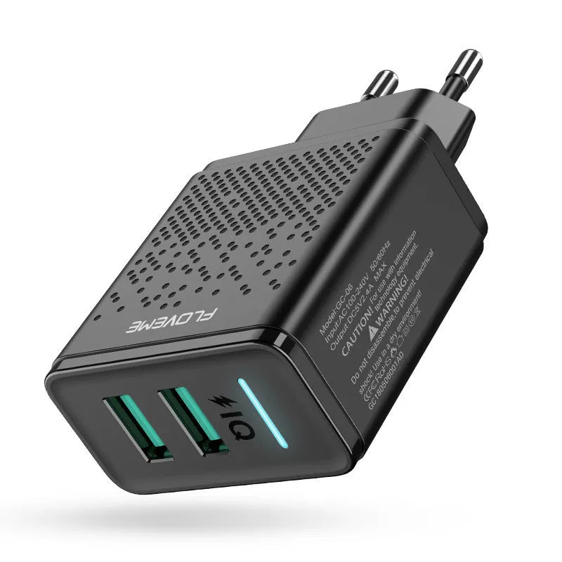 Black and white dual USB port charger head with European standard power plug