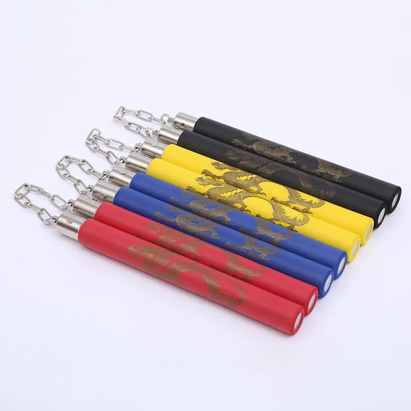 Red sponge foam nunchakus with two 28 cm sticks connected by 16 cm chain for martial arts training