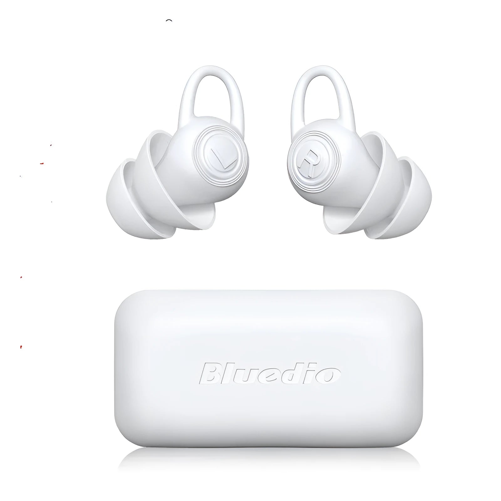 A pair of white soft silicone ear plugs for noise reduction, shown with independent packaging.