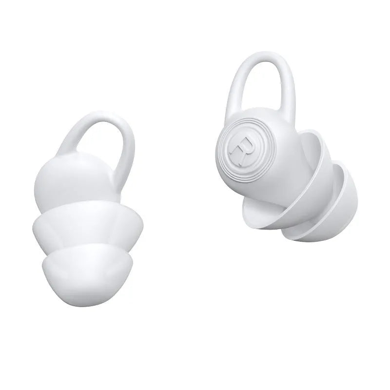 A pair of white soft silicone ear plugs for noise reduction, shown with independent packaging.