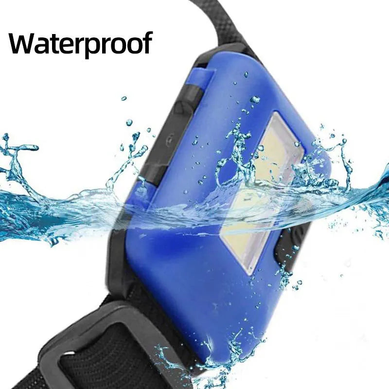 Compact blue, black, or red LED headlamp with a polyester head strap, showing 3W COB bulb.