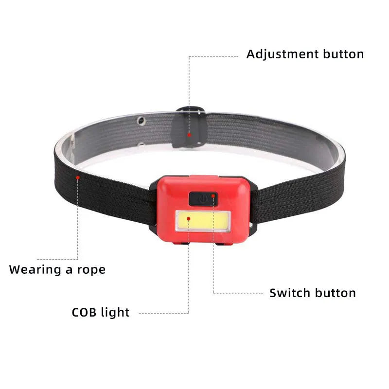 Compact blue, black, or red LED headlamp with a polyester head strap, showing 3W COB bulb.