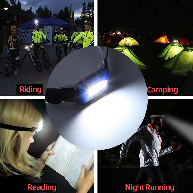 Compact blue, black, or red LED headlamp with a polyester head strap, showing 3W COB bulb.