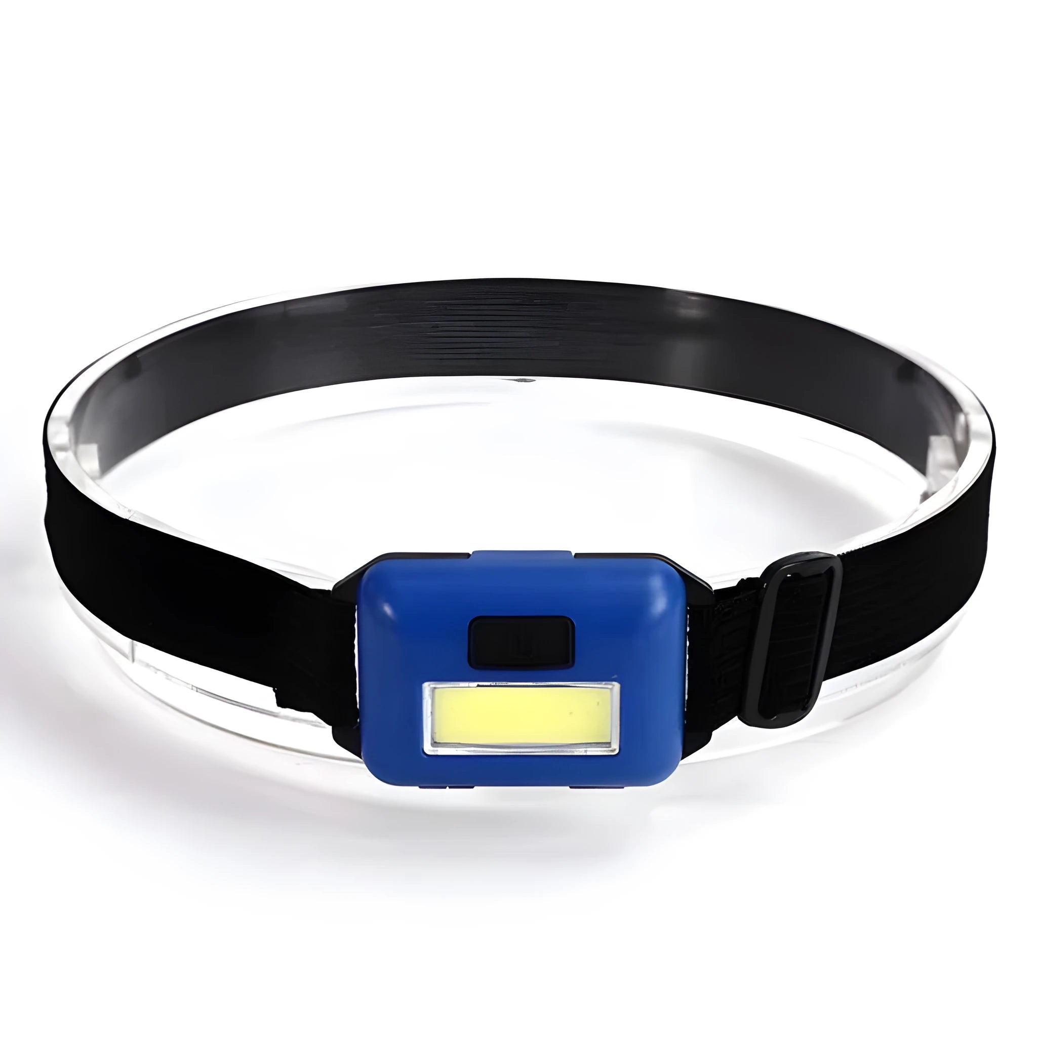 Compact blue, black, or red LED headlamp with a polyester head strap, showing 3W COB bulb.