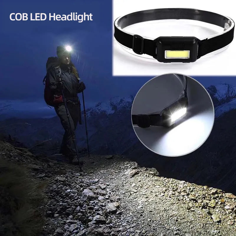Compact blue, black, or red LED headlamp with a polyester head strap, showing 3W COB bulb.