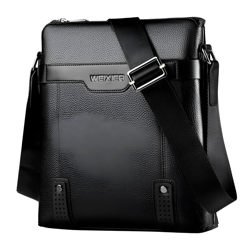 Medium square vertical PU leather shoulder bag in black with single strap and zipper closure