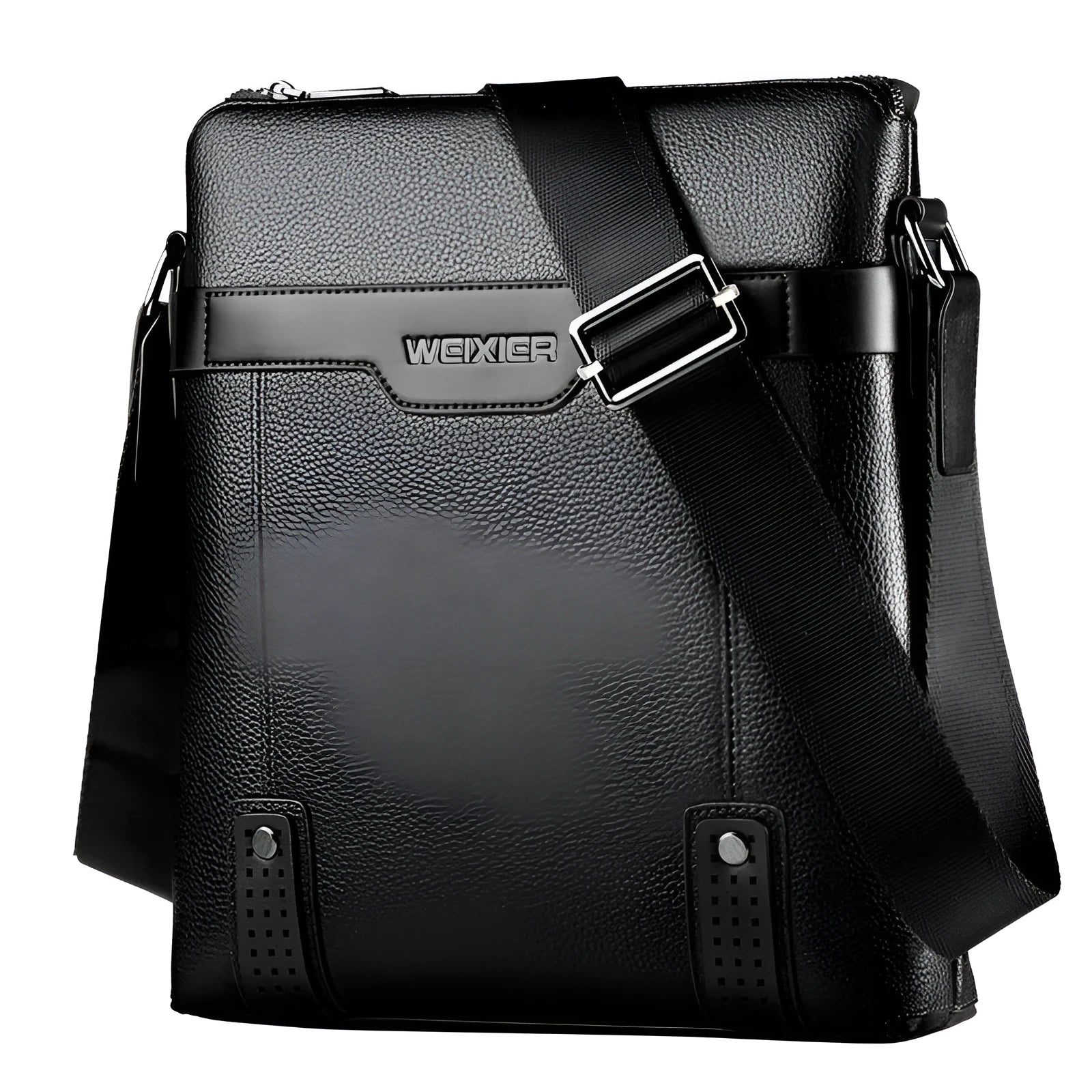Medium square vertical PU leather shoulder bag in black with single strap and zipper closure