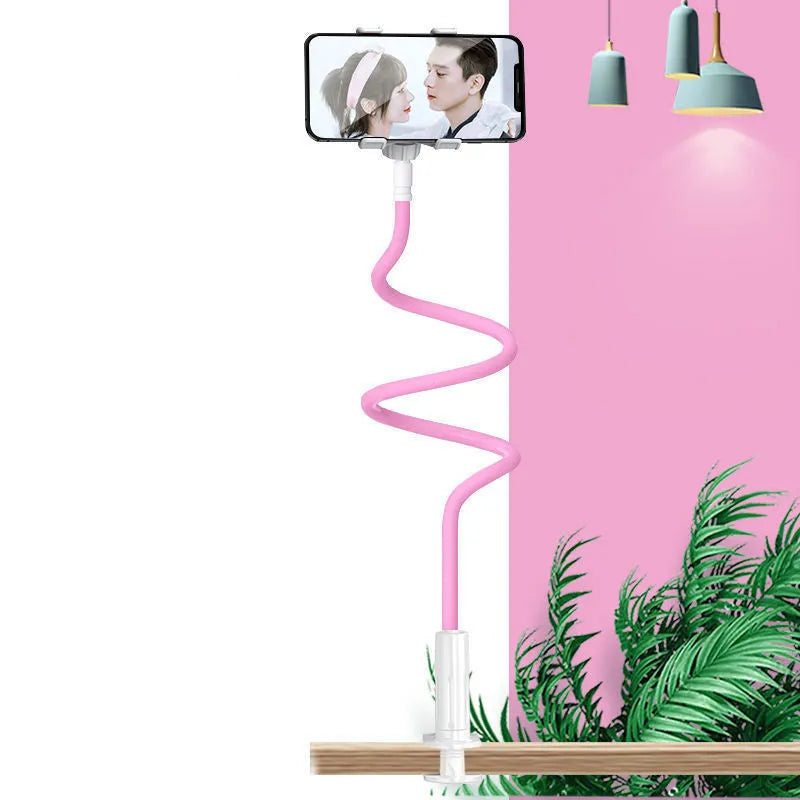 Bedside mobile phone holder with flexible memory alloy hose in blue colour holding a smartphone