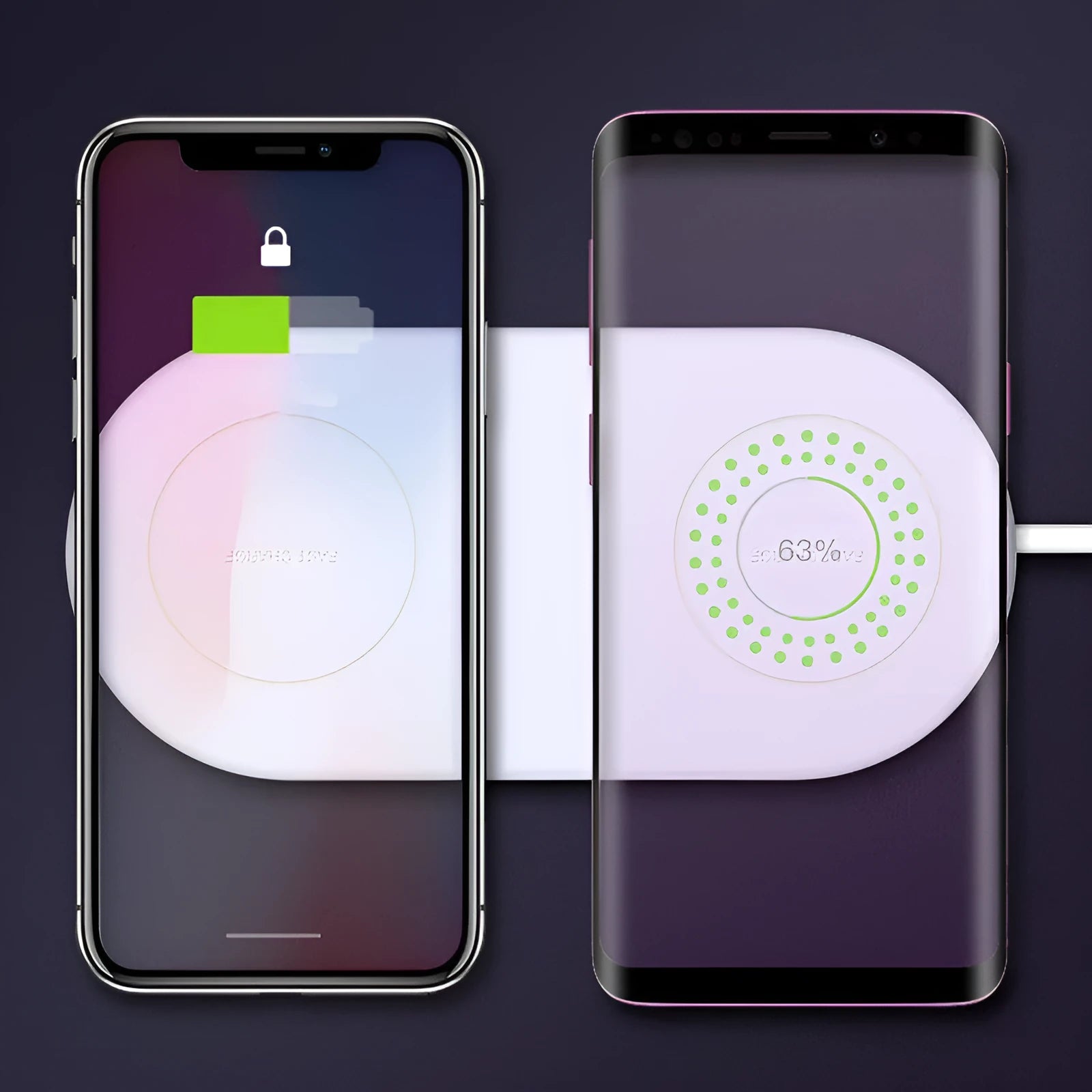 White dual wireless charging station for two mobile phones with fast charging support