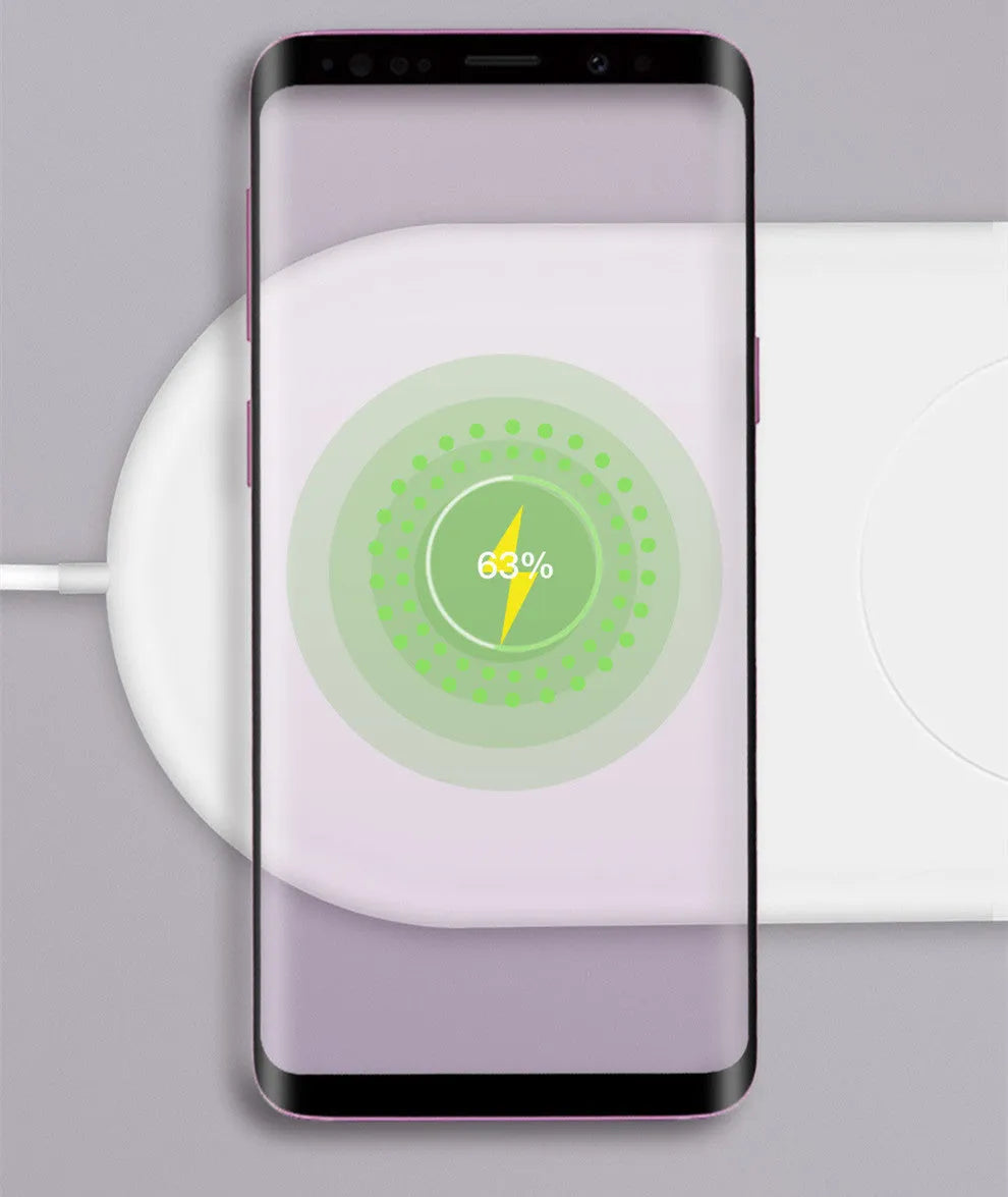 White dual wireless charging station for two mobile phones with fast charging support