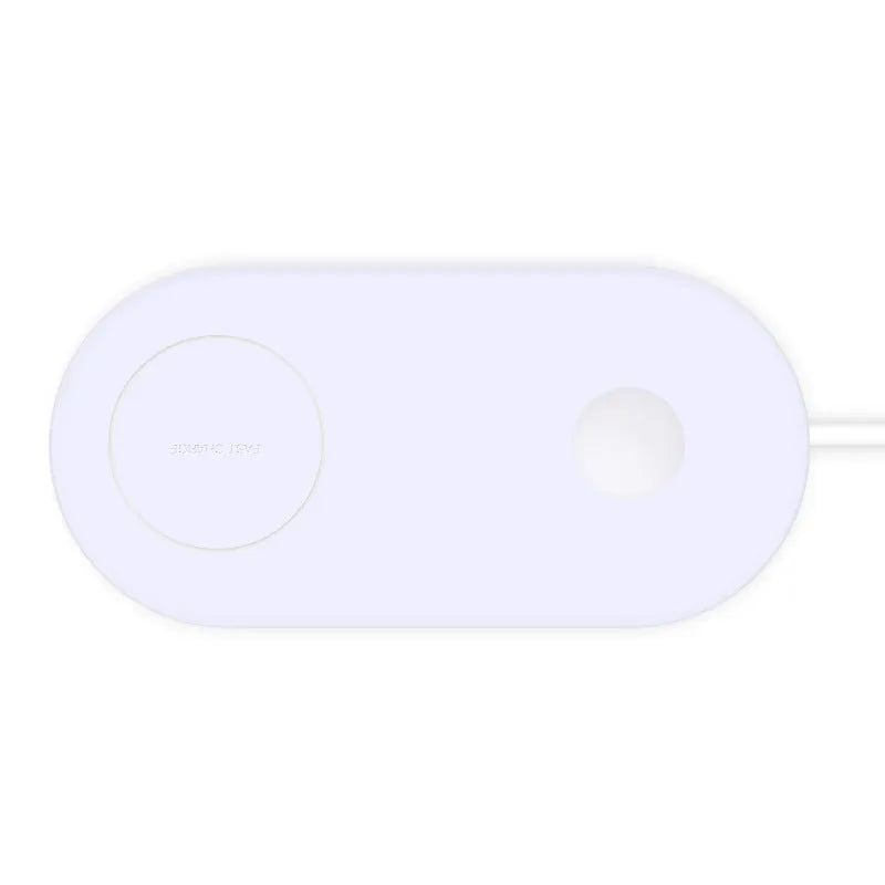 White dual wireless charging station for two mobile phones with fast charging support