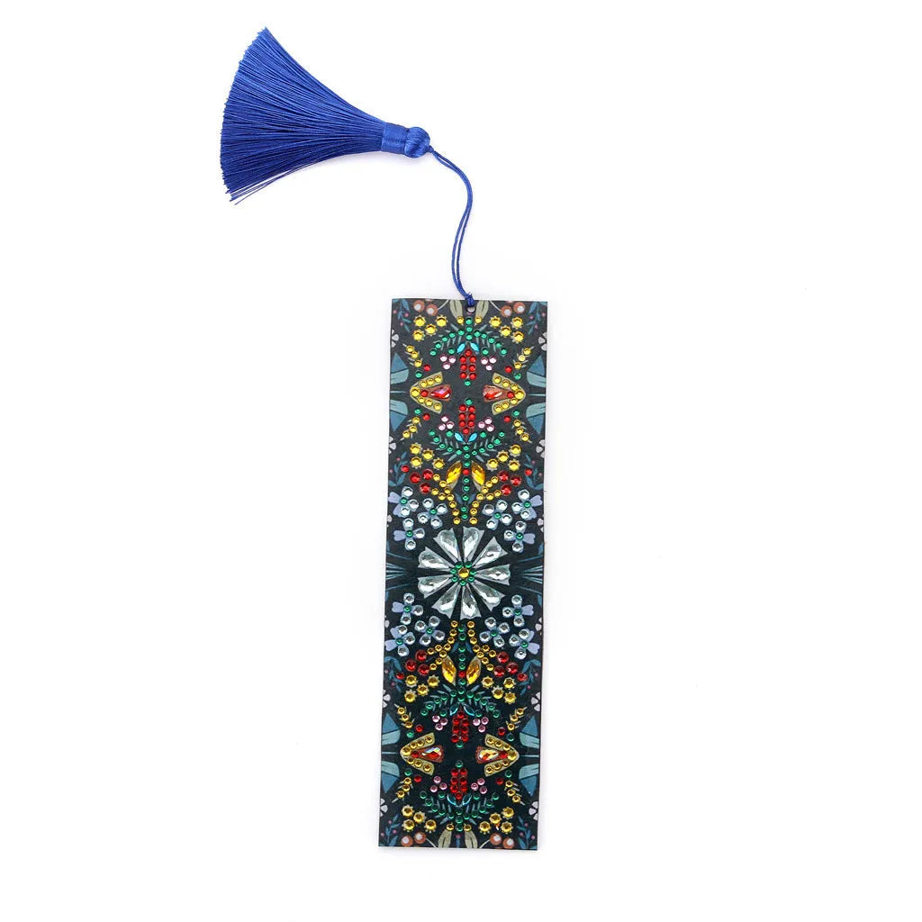 Leather bookmark with applied special-shaped diamonds forming a geometric mandala flower design.