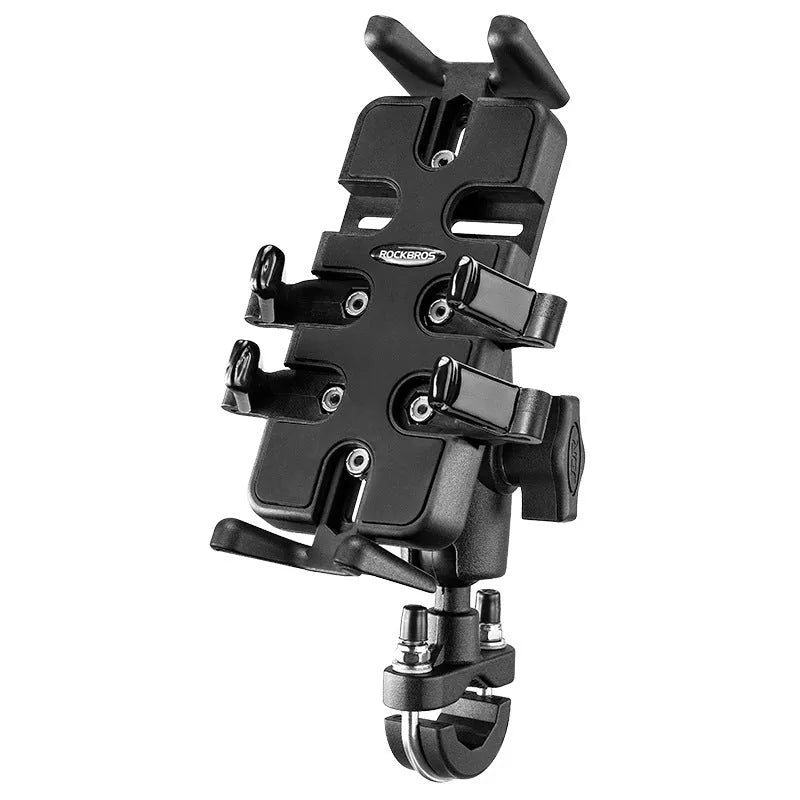 Black nylon motorcycle phone navigation bracket mounted on U-shaped handlebar