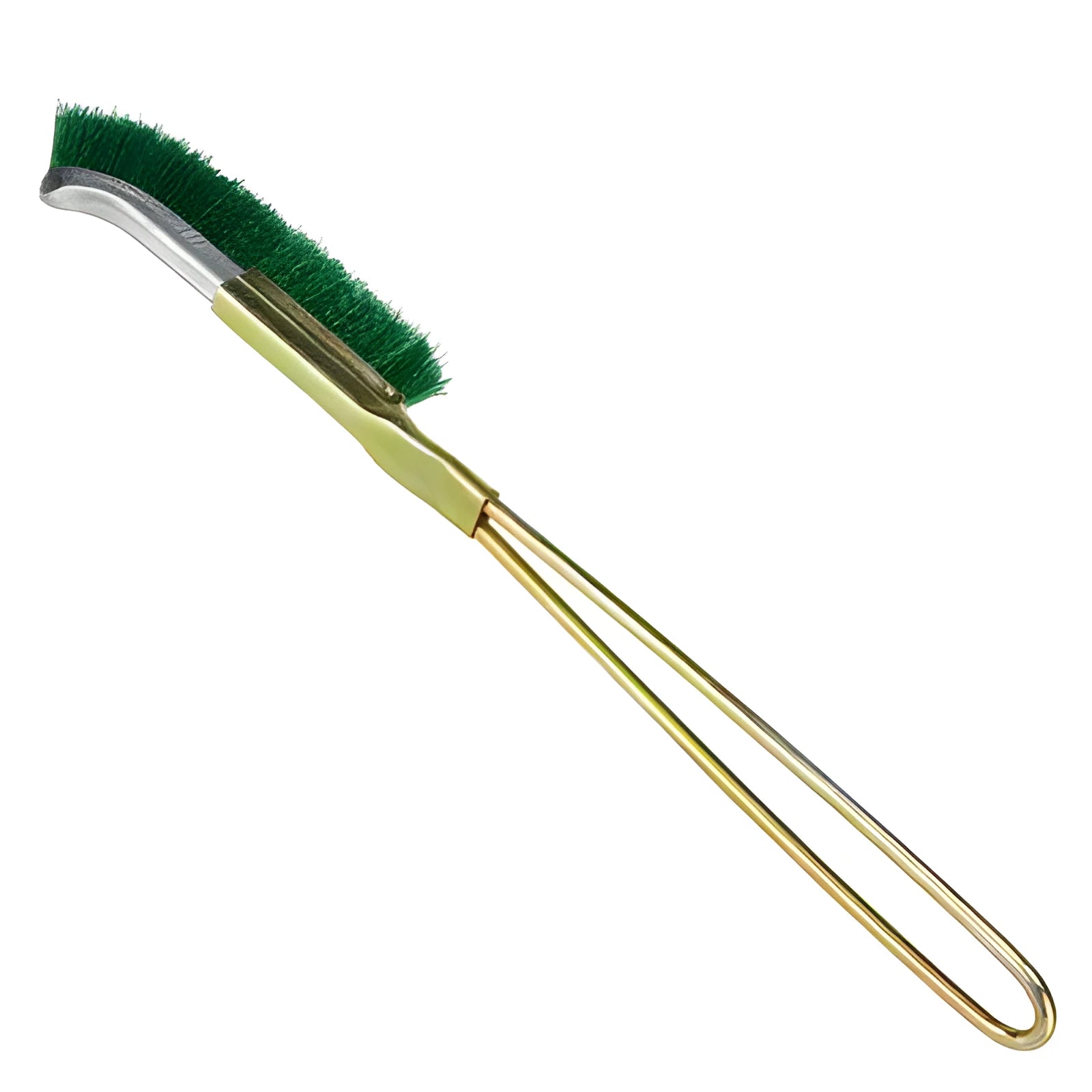 Green elbow nylon wire brush with metal handle for rust removal and range hood cleaning