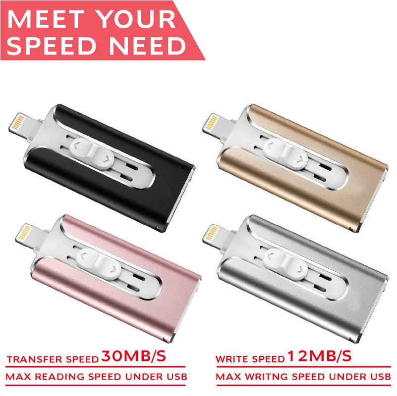 Silver metal USB flash drive with both a Lightning connector and a USB Type-A connector