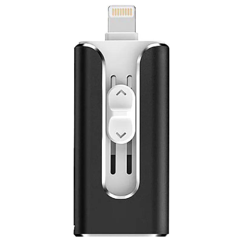 Silver metal USB flash drive with both a Lightning connector and a USB Type-A connector