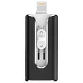 Silver metal USB flash drive with both a Lightning connector and a USB Type-A connector