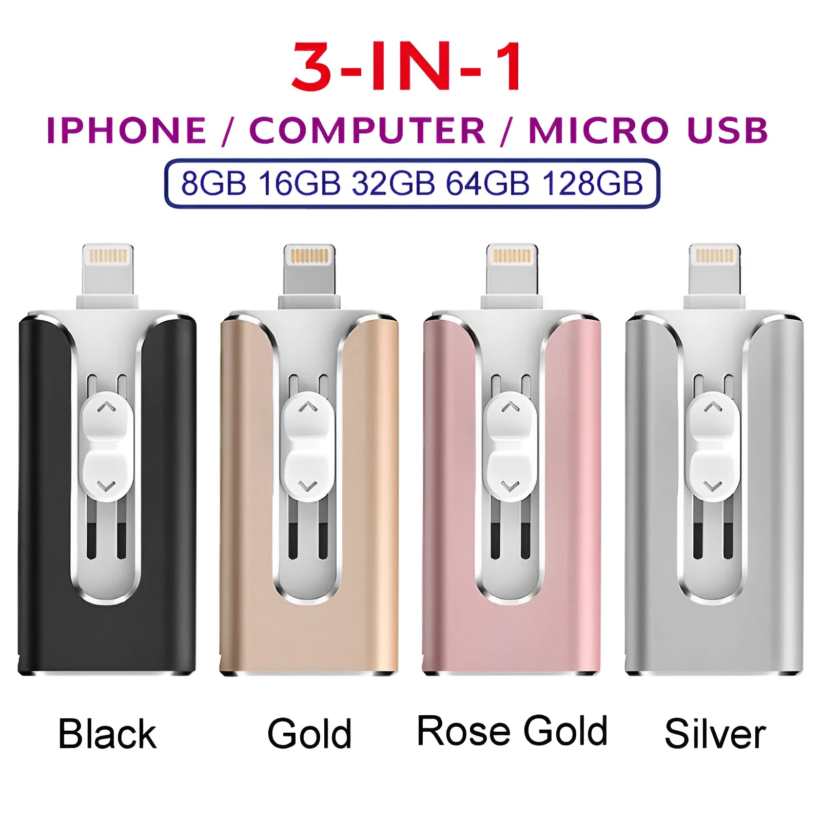 Silver metal USB flash drive with both a Lightning connector and a USB Type-A connector