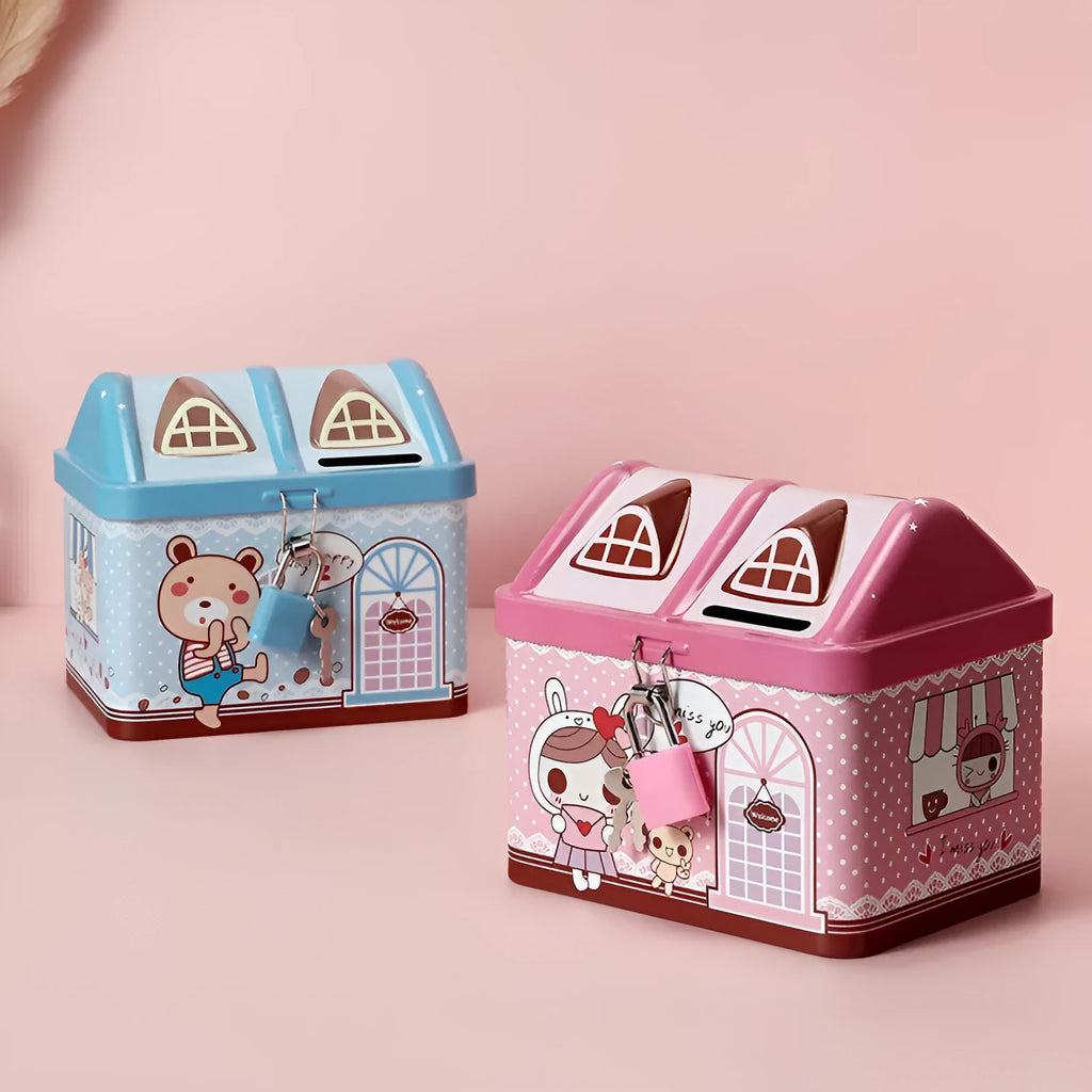 Blue house-shaped tinplate piggy bank with coin slot on roof