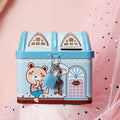Blue house-shaped tinplate piggy bank with coin slot on roof