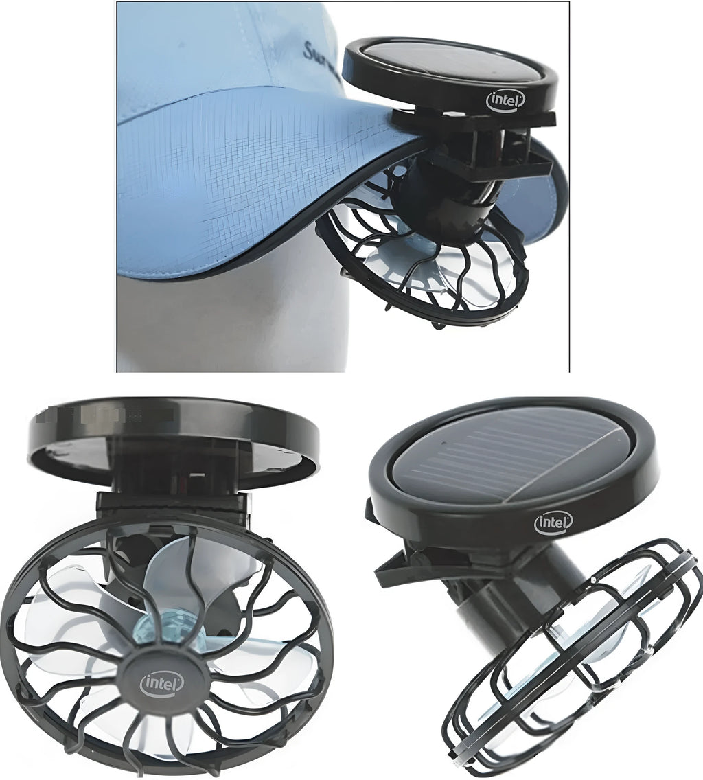 Black solar-powered clip-on cooling fan panel for outdoor camping and fishing