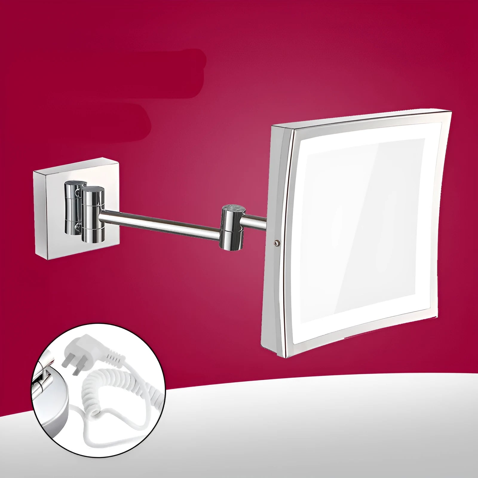 Stainless steel folding makeup mirror with 8.5 inch silver lens in a choice of four finishes.