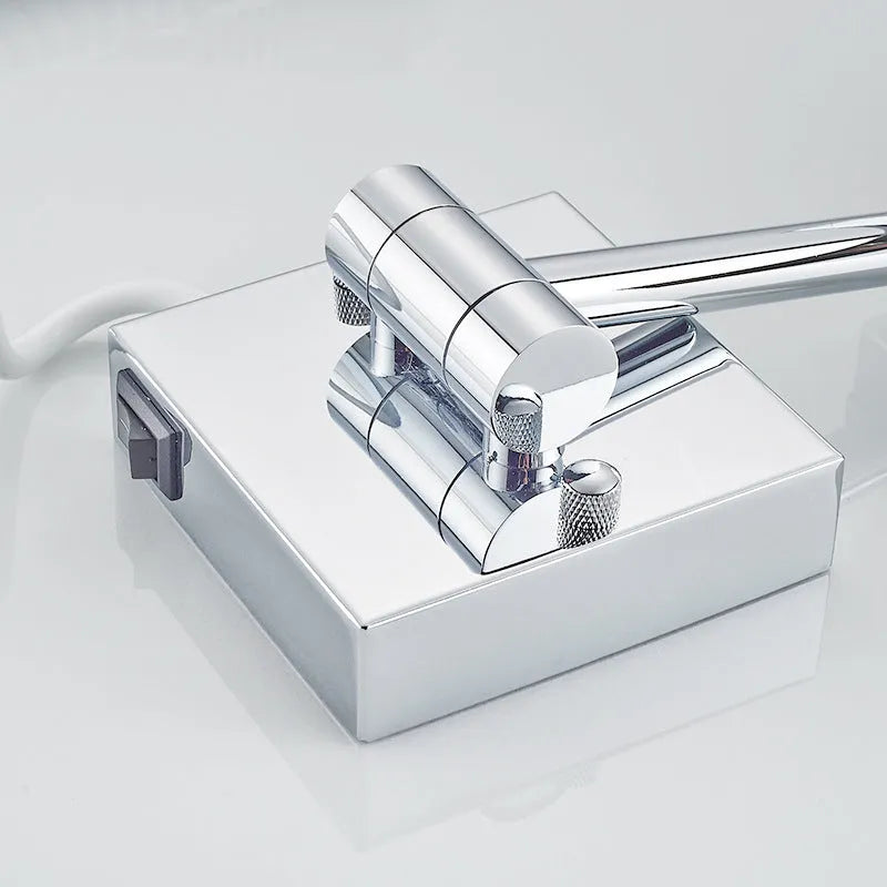Stainless steel folding makeup mirror with 8.5 inch silver lens in a choice of four finishes.