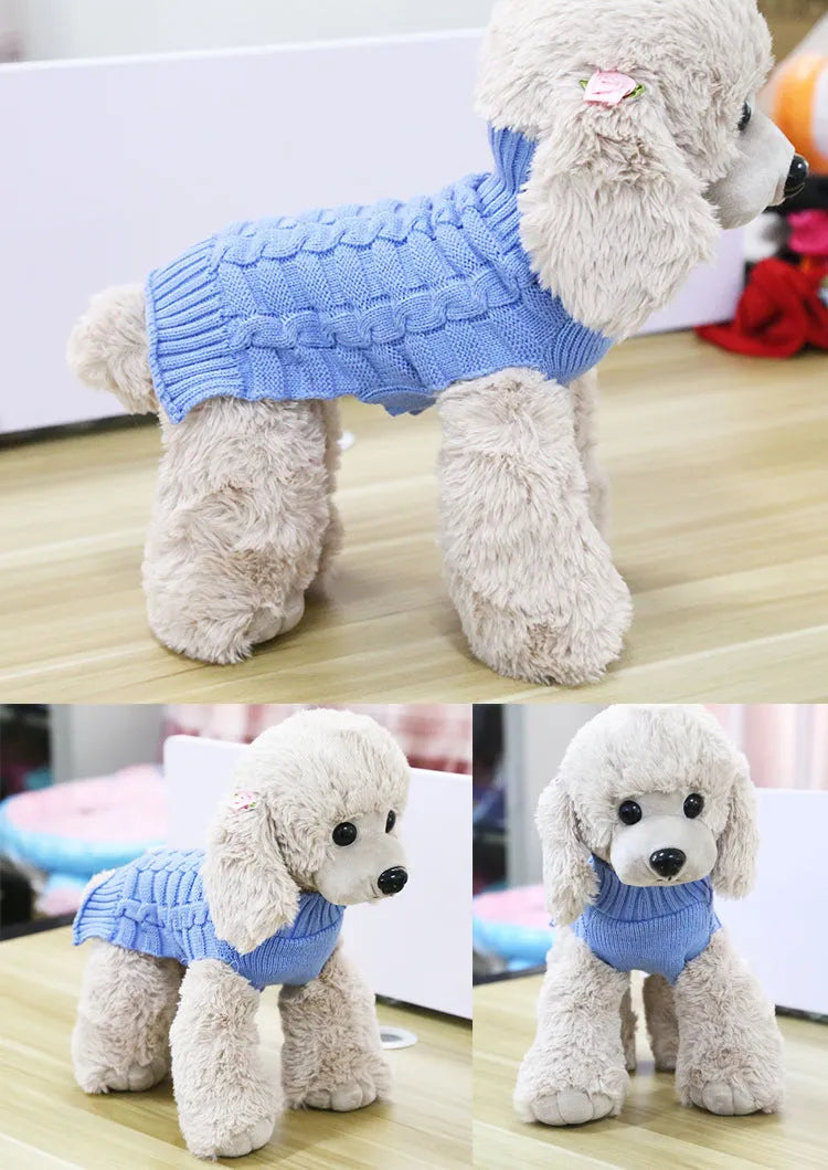 Cashmere twisted rope style dog sweater made from soft wool, shown in a red colour with thin line details.
