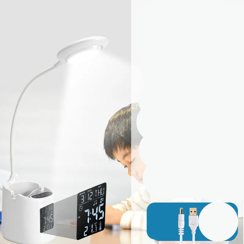 White USB-powered desk lamp with touch switch for study and eye protection.