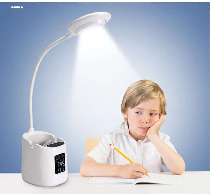White USB-powered desk lamp with touch switch for study and eye protection.