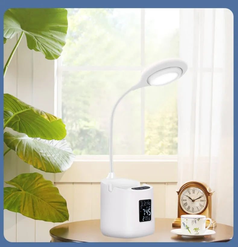 White USB-powered desk lamp with touch switch for study and eye protection.