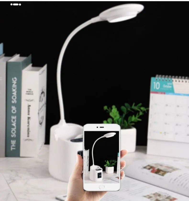 White USB-powered desk lamp with touch switch for study and eye protection.