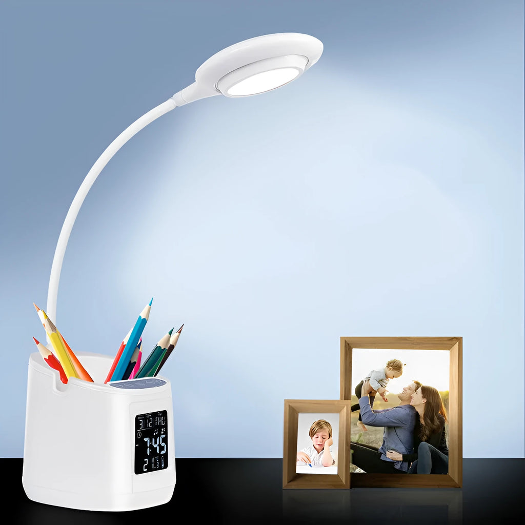 White USB-powered desk lamp with touch switch for study and eye protection.