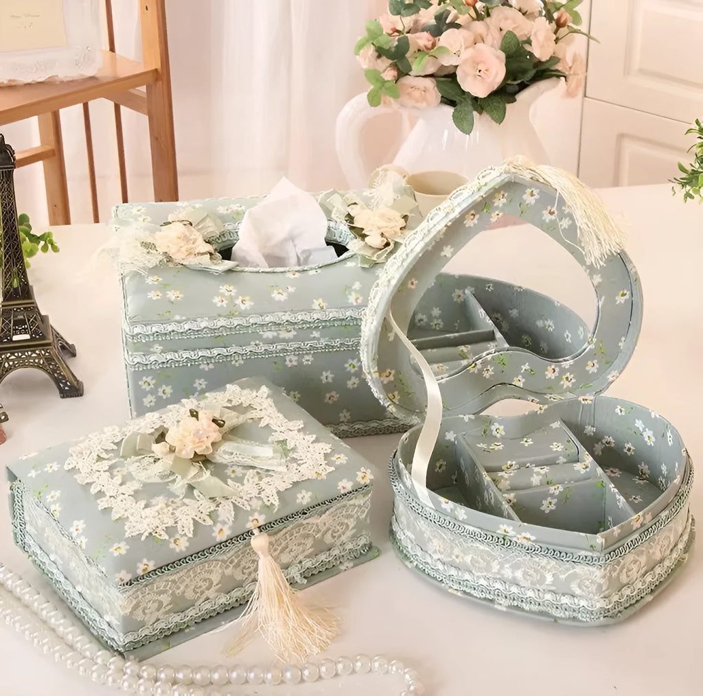 Ceramic jewellery storage box with integrated tissue dispenser in bright apricot colour