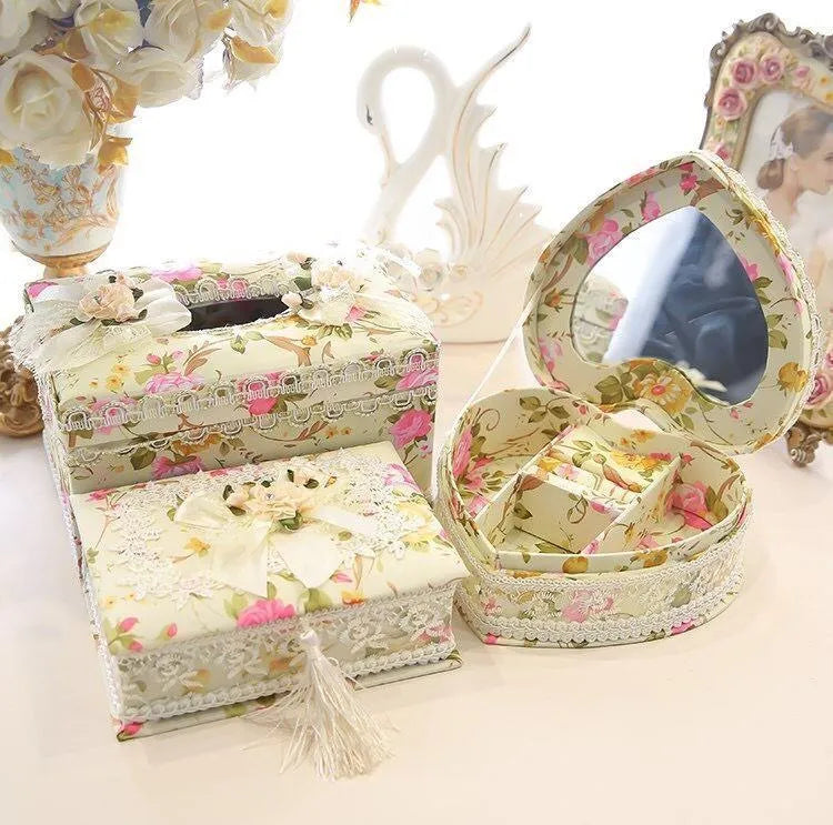 Ceramic jewellery storage box with integrated tissue dispenser in bright apricot colour