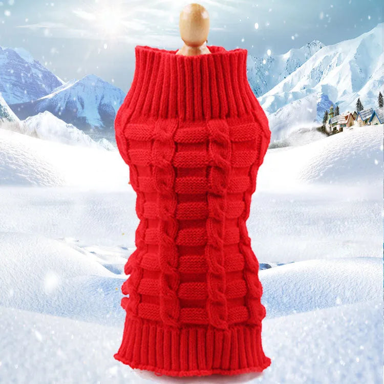 Cashmere twisted rope style dog sweater made from soft wool, shown in a red colour with thin line details.