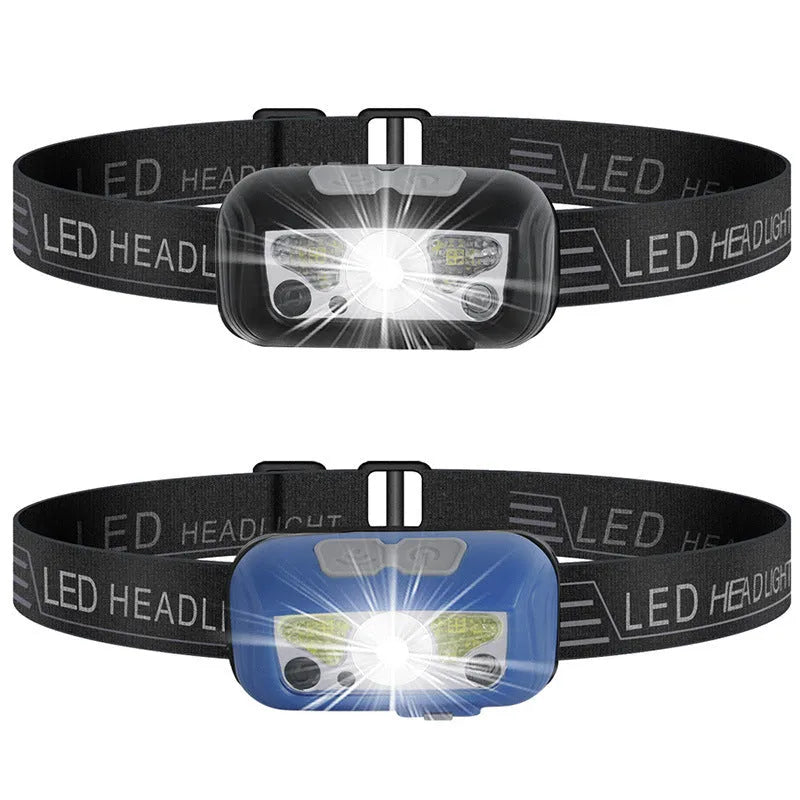 Black or blue sensor head torch with USB charging port and LED lights.
